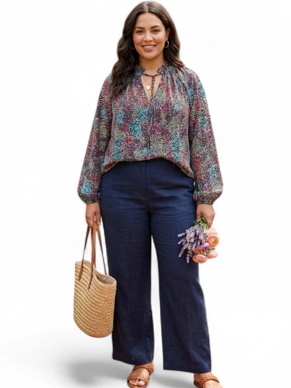 Boho Feminine Floral Ruffle Mock Neck Keyhole Blouse Oversized XL/1X